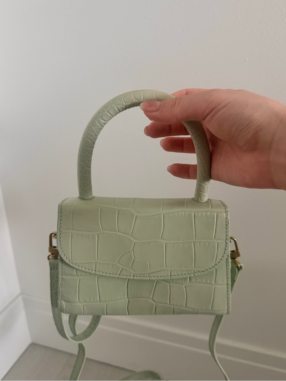 BY FAR Mini Top-Handle Bag in Sage Green Croc